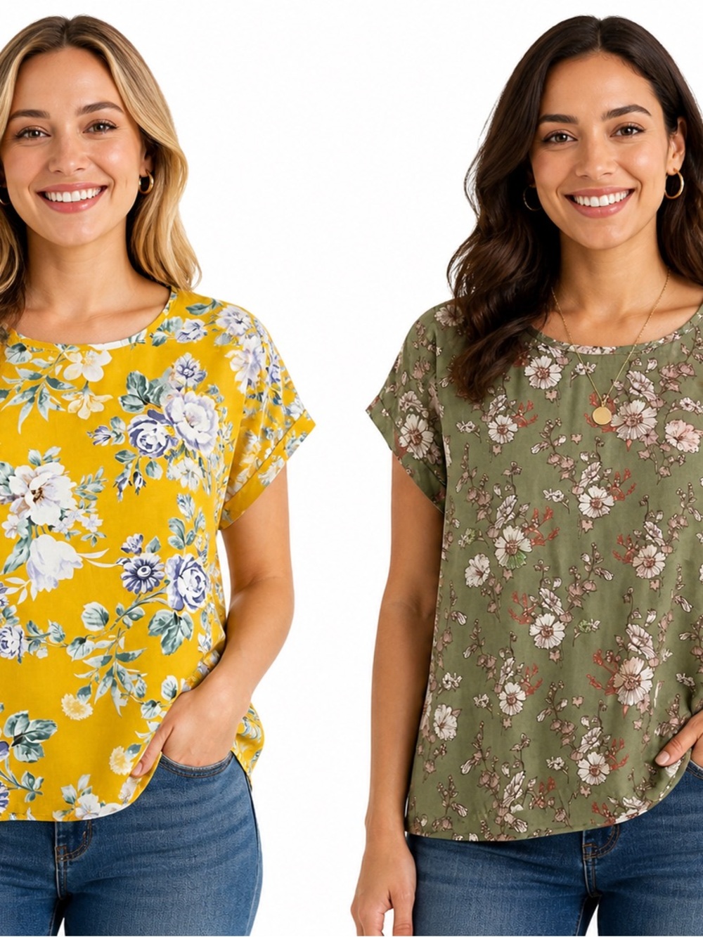 SHEIN Floral Short Sleeve Tee in Yellow and Olive